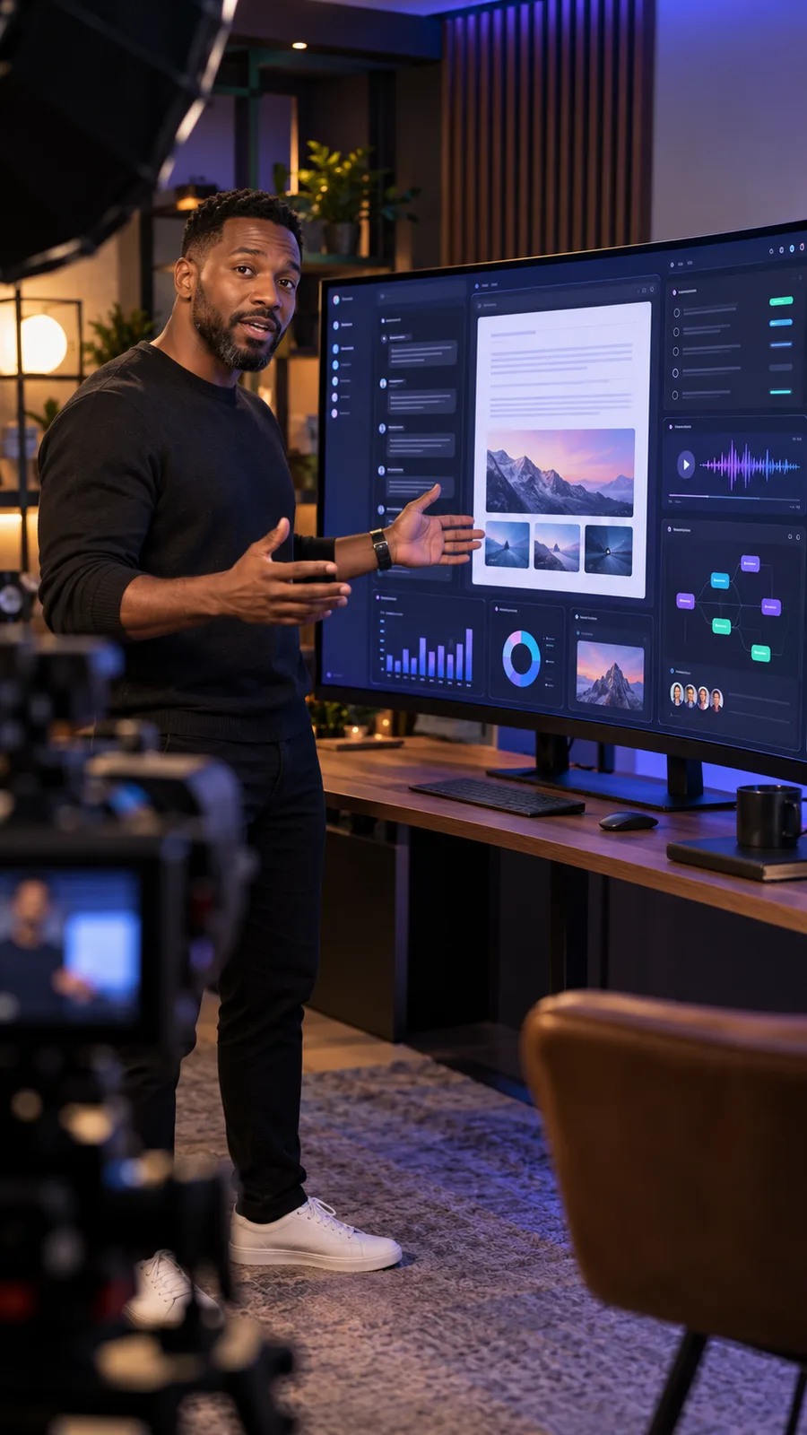 Founder presenting a software workflow in a studio